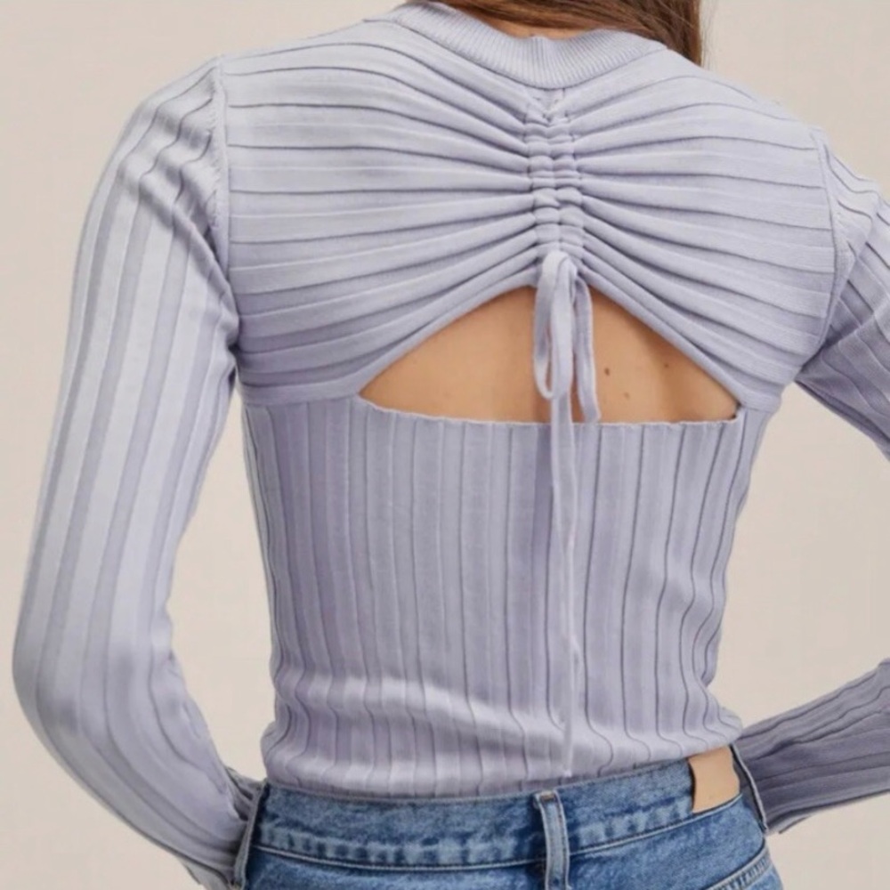 Mango lavender open back coquette ribbed sweater top XS